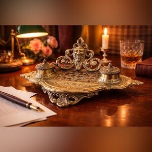 Vintage 1970s Andrea by Sadek Cast Brass Double Inkwell Hollywood Regency Decor